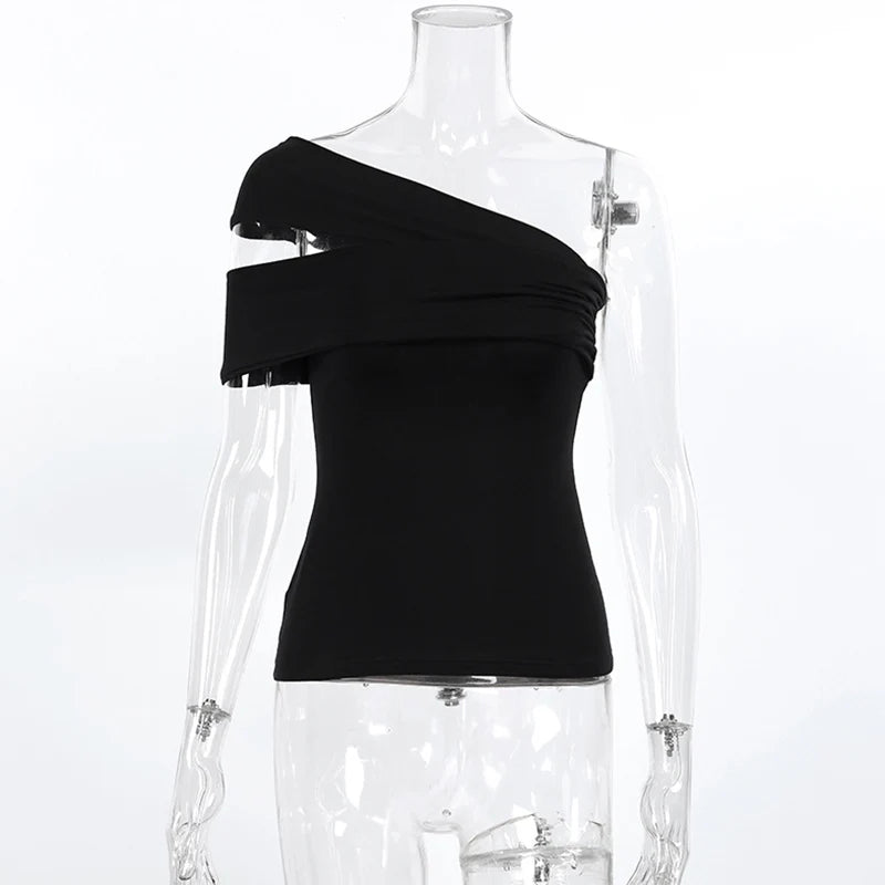 Trendix Black Bodycon Crop Tops For Women's 2026 Summer Off Shoulder Tank Top Street Slim Party Sexy Asymmetric Vacation Top