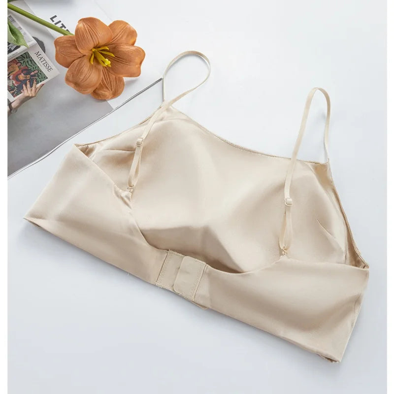 Birdtree 19MM 93% Silk 7% Spandex Solid Bra,Women Satin 3/4 Cup U-shaped Back Soft Breathable Sling Underwear A59124JF