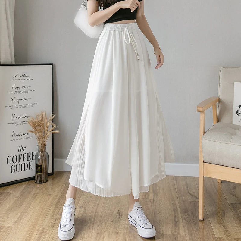 Summer Elastic Pleated Skirt Women Chiffon Trouser Skirt High Waist Casual Wide Leg Pants Fashion Streetwear Pants Pantalones