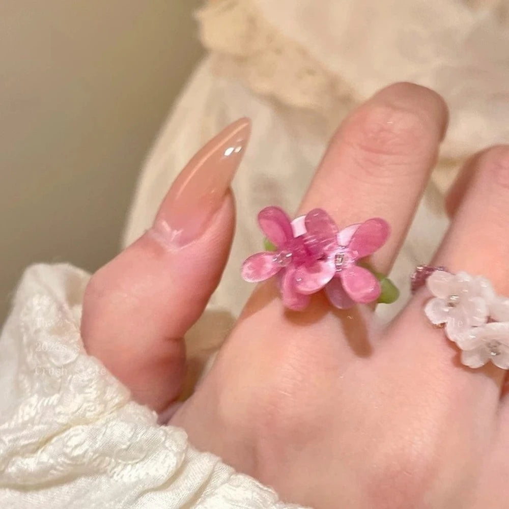 Violet Flower Elastic Beaded Ring for Women