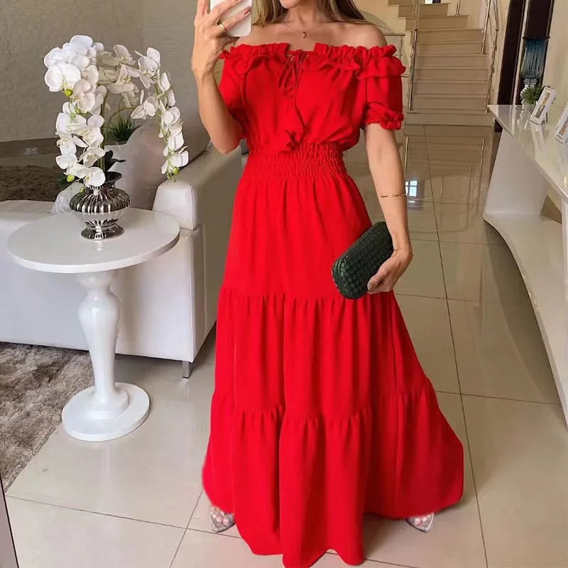 2026 Elegant Women's Off Shoulder Ruffle Sleeve Dress Fashion Solid Color Elastic Waist Tiered Maxi Dresses