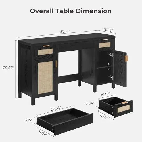 （Local US Inventory）Rattan Vanity Home Office Desk with 3 Drawers 52 Inch Farmhouse Boho Makeup Vanity Dring Table with Large St