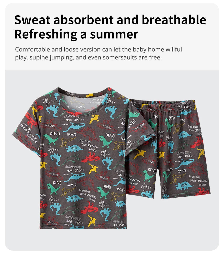 2 Pcs Summer Children's Fun Printed Shorts Short Sleeve Suit Boy Colorful Dinosaur Top Girl Sweet And Lovely Elastic Waist Short