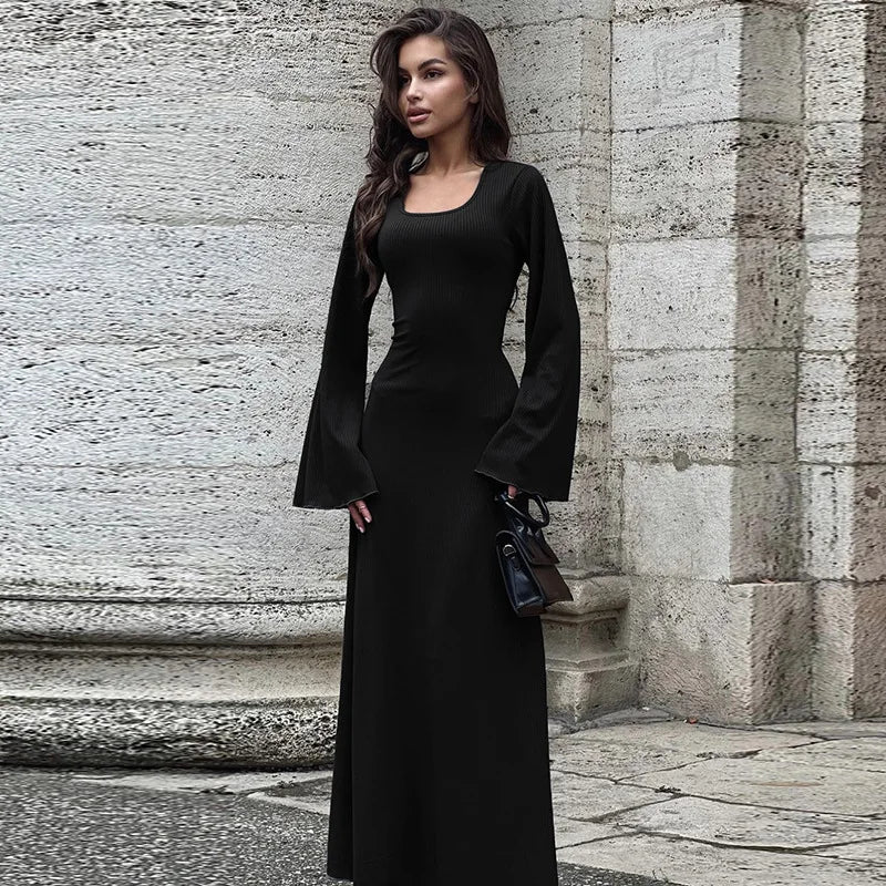 Women's Flare Sleeve Maxi Dress – Slim Fit Lace-Up Floor-Length Gown