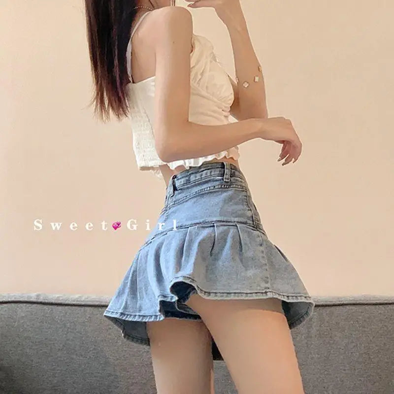 Y2K Vintage Denim Skirt Women Summer Fashion High Waist A-Line Wash Blue Slim Sexy Hot Girl Mini Jeans Ruffle Short Skirt Female