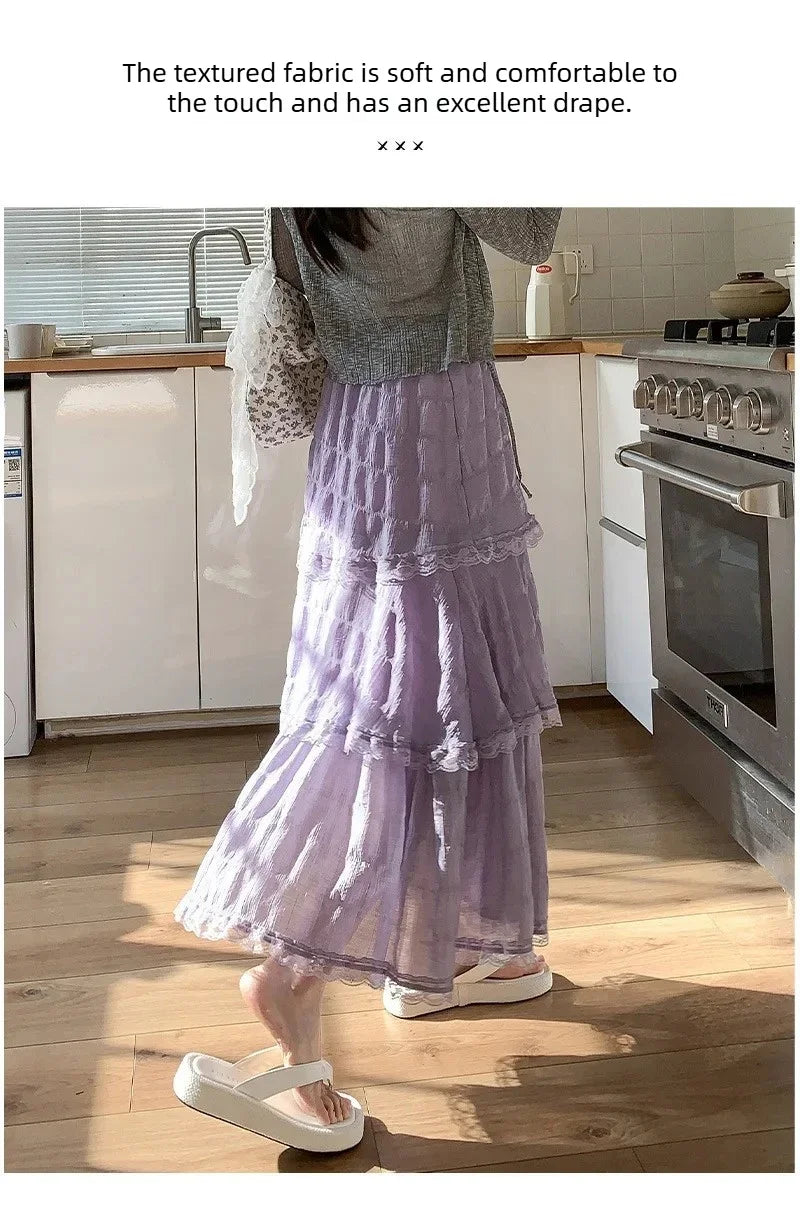 Sweet Lace Ruffles Long Skirt Women Summer Cute Puff Cake A Line Skirt Woman Korean Style High Waist White Chiffon Tulle Skirt