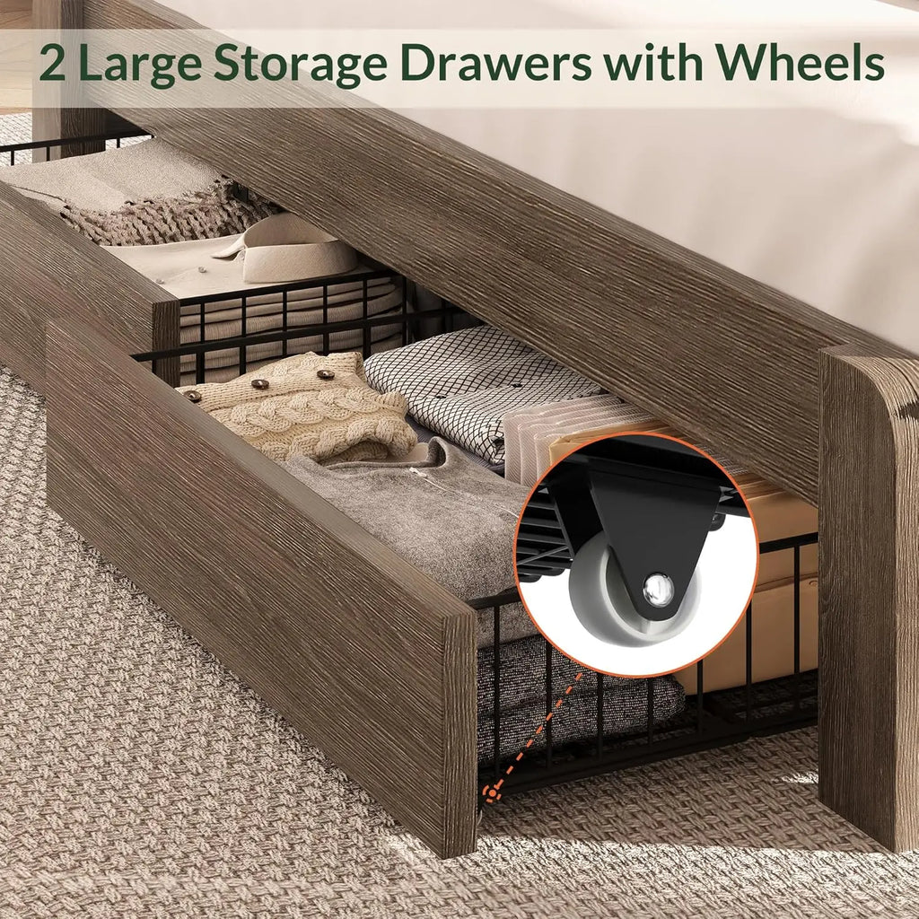 Queen Wooden Platform Bed with Headboard, 2 Drawers, LED Light, USB Charging, Easy Assembly, No Box Spring, Customized