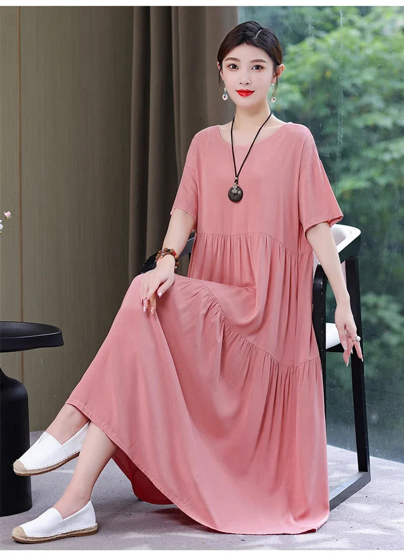Women's Oversized A-Line Midi Dress – Loose Fit Short Sleeve Summer Sundress