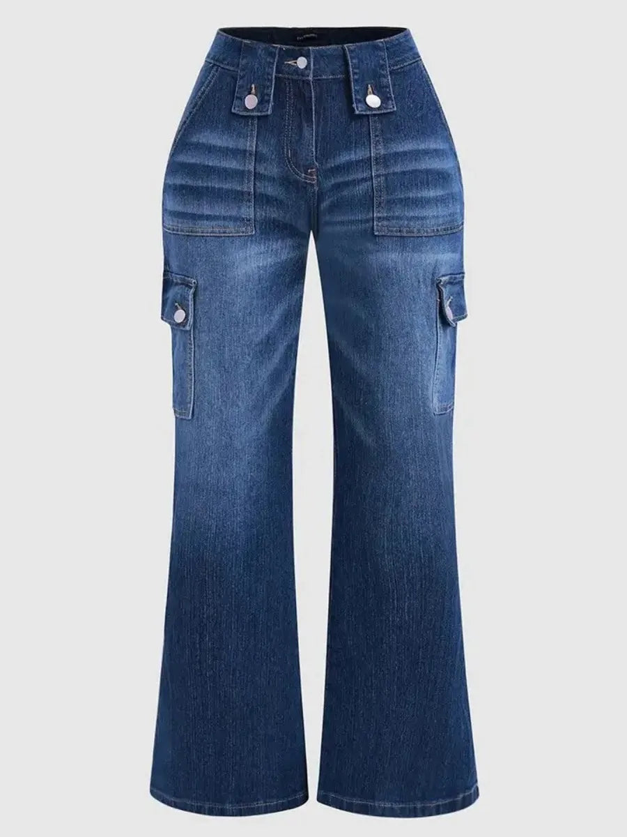 【HME】Jeans | Retro Y2K Flare Denim Pants For Women, Mid-Rise Cargo Denim Jeans With Large Front Patch Pockets, Decorative Belt Loops & Side Flap Pockets, Medium Wash Casual Pants For Street Fashion Looks