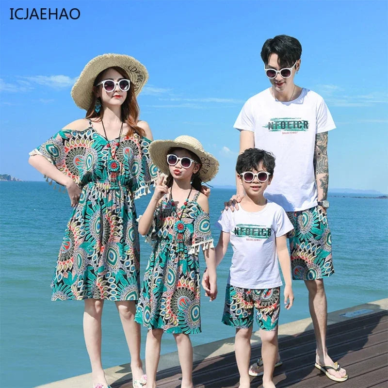 2025 Elegant Floral Girls Dress Family Matching Summer Outfit Off-Shoulder Midi Boho Dress Boys Set Fashionable Beach Vacation