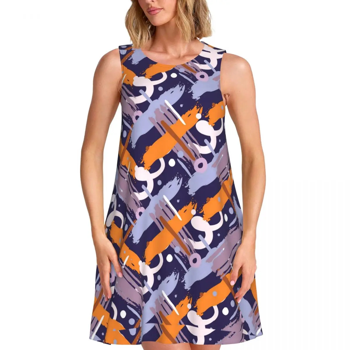 Abstract Print Tank Dress - Women's Sleeveless O-Neck Mini Dress