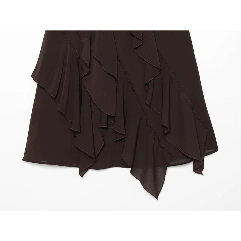 Women's Skirts Summer 2026 New Brown Ruffled Elastic Waist Skirts Women's Fashion Elegant Office Youth Summer Skirts Street