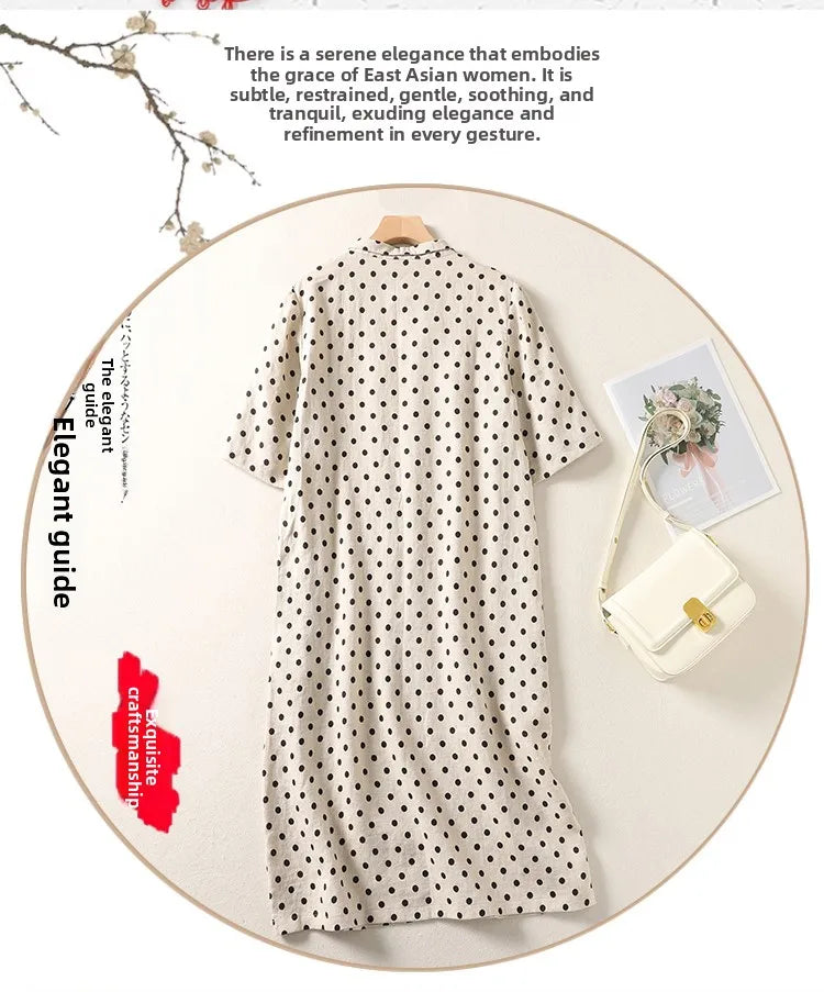 Summer Vintage Polka Dot Cotton Lin Short Sleeve Women's Dress Loose Slimming Gown Side Buttoned Midi Skirt A-Line Dress