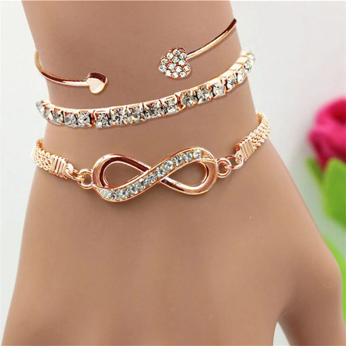 Vintage Infinity Heart Crystal Rhinestone Bracelet Set For Women'S Female Gold Color Metal Adjustable Bracelets Fashion Jewelry