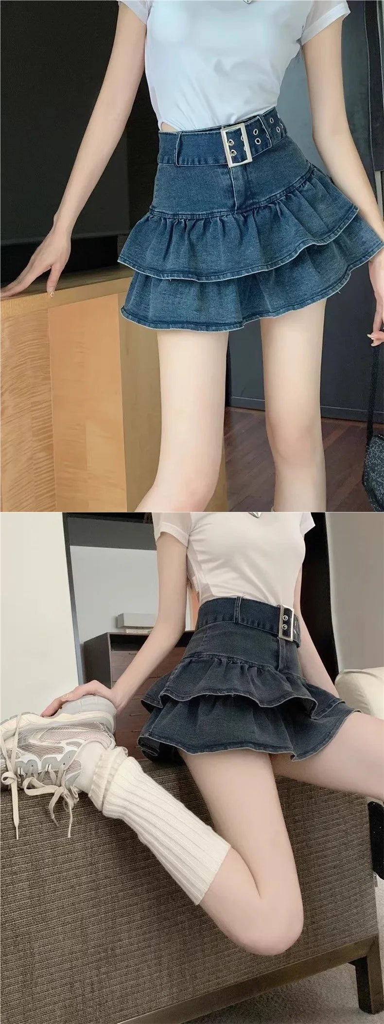 High Waist Short Denim Skirt Women's Summer Dopaamine Design Slimming A-Line Skirt with Lace Trim Super Short Casual Skirt
