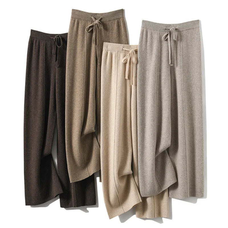 Women's Solid Color Wool Knitted Wide Leg Pants Autumn Winter Basic Soft Warm Cashmere Knit Trousers Casual Simple Style Korean