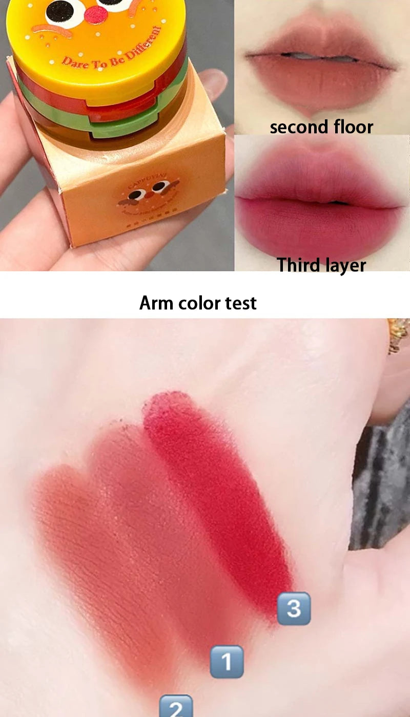 Cappuvini Velvet Lip Mousse - Matte Butter Formula, Long-Lasting Non-Drying, Cute Hamburger Design ,Compact and portable