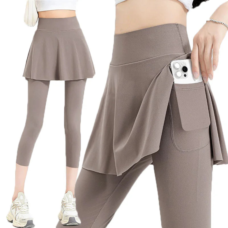 Aiithuug with Pocket Women Tennis Skirted Leggings Capris Yoga Leggings with Skirts Tennis Pickleball Clothing Cropped Leggings