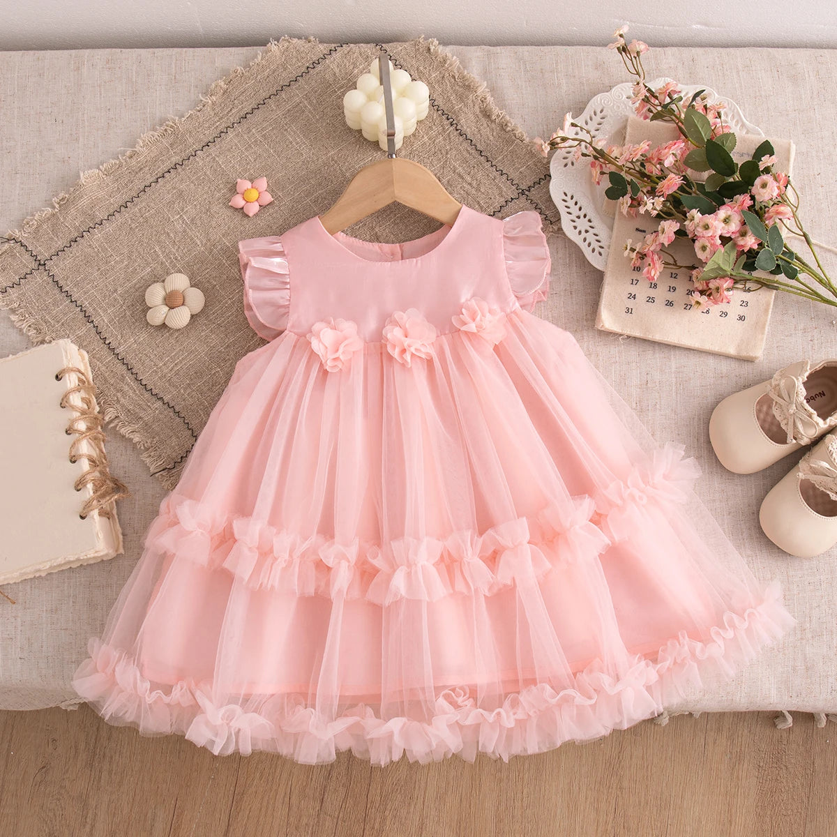 Baby Girl Solid Color Ball Gown Princess Dress - Summer Short Sleeve