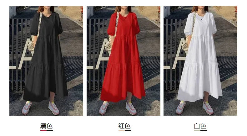 2026 Fashion Puff Short Sleeve Dress for Women Summer Solid Casual Sundress Comfort Cotton Maxi Dress Modest Robe Vestidos Femme