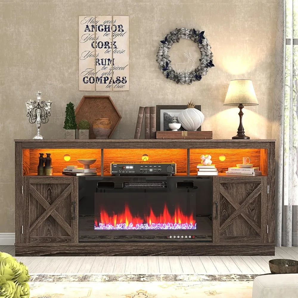 Fireplace TV Stand for 70/75/80 Inch TV, 32”Tall Entertainment Center w/ 36”Electric Fireplace and LED Light, 70”Media Console
