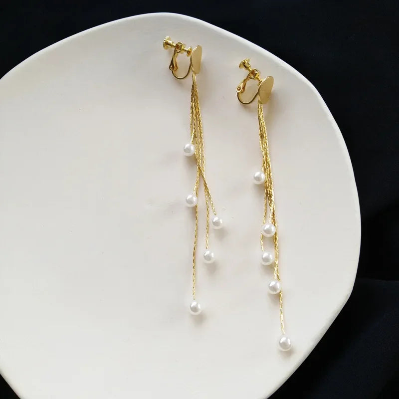 Korean Fashion Style Pearl Long Tassel Clip on Earrings for Women Simple Temperament Long Chain Non-piercing Ears Clip Earrings