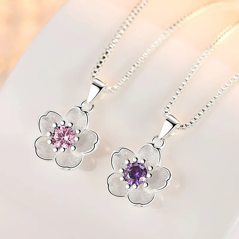925 Sterling Silver Pink Purple Peach Blossom Necklaces For Women'S Retro Luxury Jewelry Accessories Freeshiping Items Jewellery