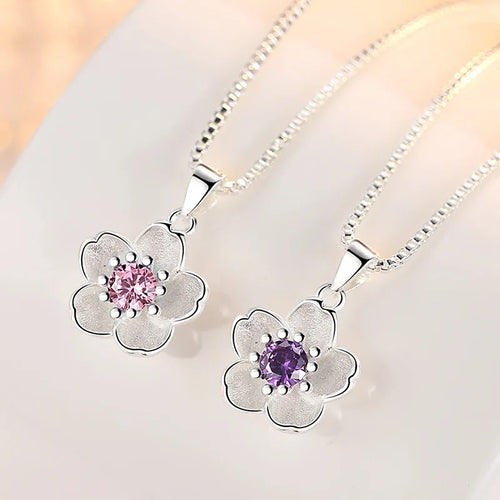 925 Sterling Silver Pink Purple Peach Blossom Necklaces For Women Luxury Retro Jewelry Free Shipping