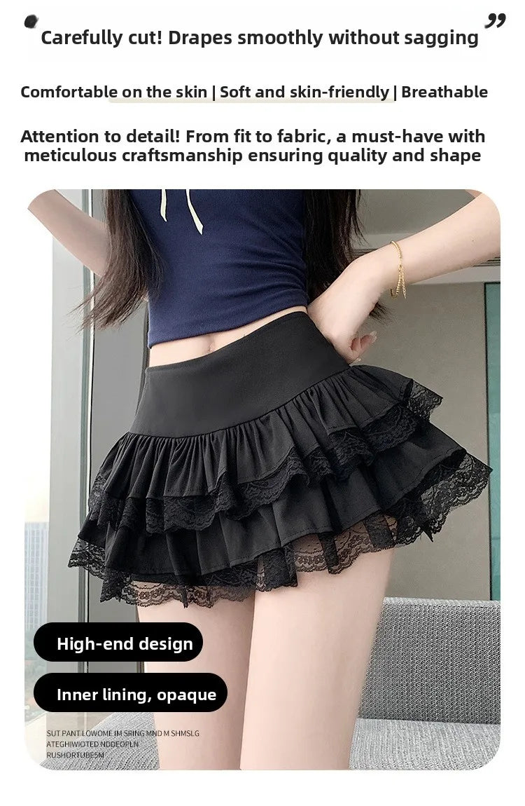 Pure Desire Lace A-Line Mini Skirt High Waist Puffy Sweet Style Short Cake Skirt Cotton Blend Fabric Summer Women's Dress