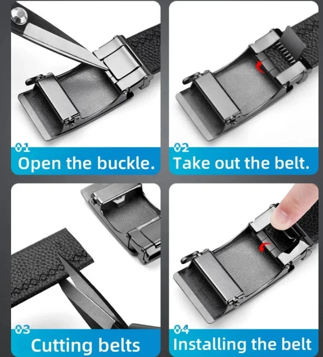 High Quality Black Brown Men’s Belt, Genuine Leather Material, Adjustable Automatic Ratchet Buckle, Cuttable Business Belt