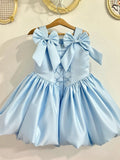 HETISO Girls Elegant Satin Vintage Dresses Cute Solid Pink Sky Blue Flower Kids Birthday Holiday Wedding Party Ball Gown