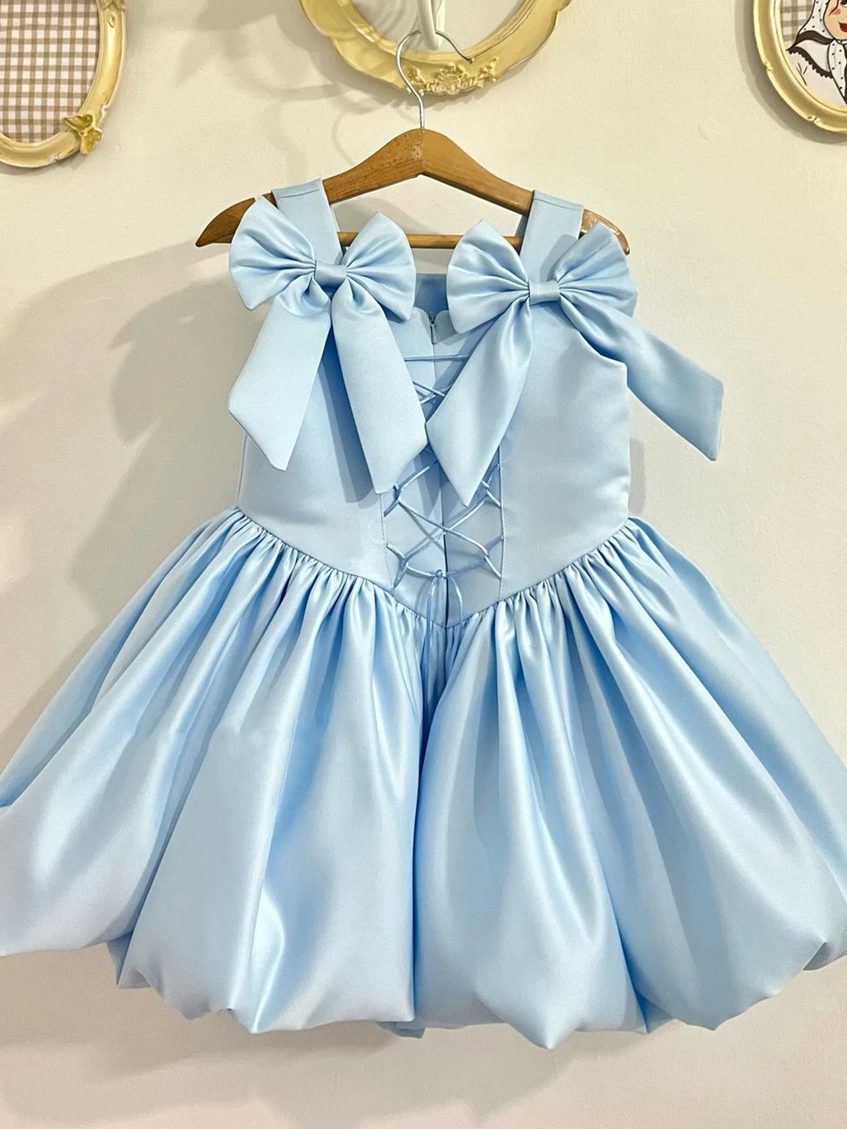 HETISO Girls Elegant Satin Vintage Dresses Cute Solid Pink Sky Blue Flower Kids Birthday Holiday Wedding Party Ball Gown