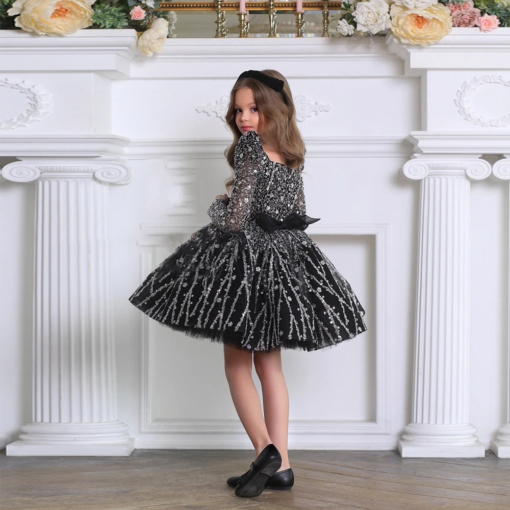 Customized  Flower Girl Dress for Wedding Sequins Full Sleeves Puffy Pageant Baby Gown First Communion Birthday Party  Dress