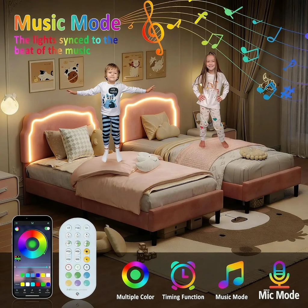 Velvet Upholstered Princess Bed Frame RGB LED Smart Light Adjustable Bear Headboard Wooden Slat Support Twin Pink Kids