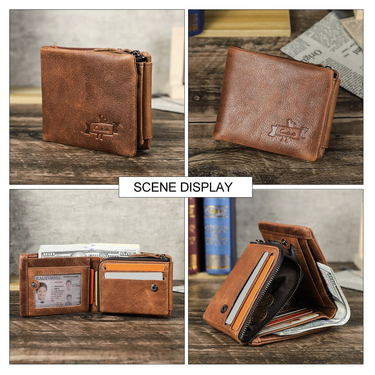 Contact’S Men’s Trifold Wallet - Genuine Crazy Horse Cowhide Leather