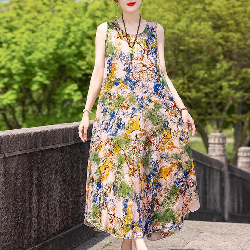New Women Summer Dresses Vintage Dress FashionRobe Plus Size Sleeveless Femme Casual Print Dresses