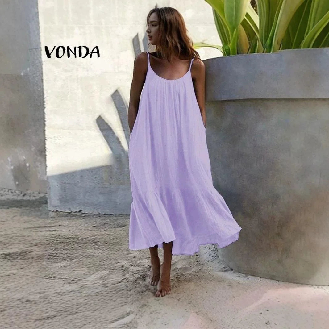 Lotus Leaf  Length Skirt Slim Shoulder High Waist Cotton Casual Style Women's Dress Fashionable Backless U-Neck Gown