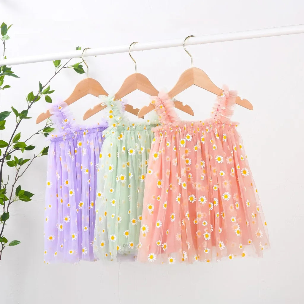 Toddler Girls Summer Sling Dress Sleeveless Daisy Print A-Line Tulle Princess Dress Kids Birthday Party Skirt Cute Baby Clothes