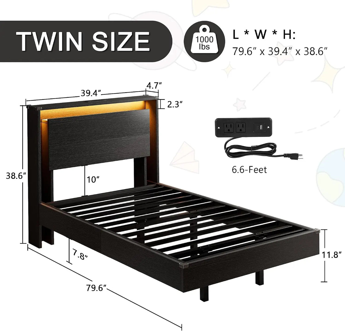 Twin Bed Frames with LED Lights and Charging Station - Wood Floating Bed Frame with Storage Headboard, Adhesive Slats, Kick-Free