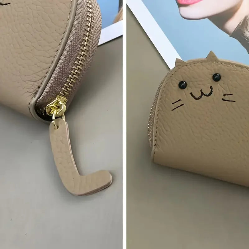 Cartoon Cat Mini Card Wallet Solid Color PU Leather Coin Key Storage Bag Creative ID Card Holder Anti-degaussing Case