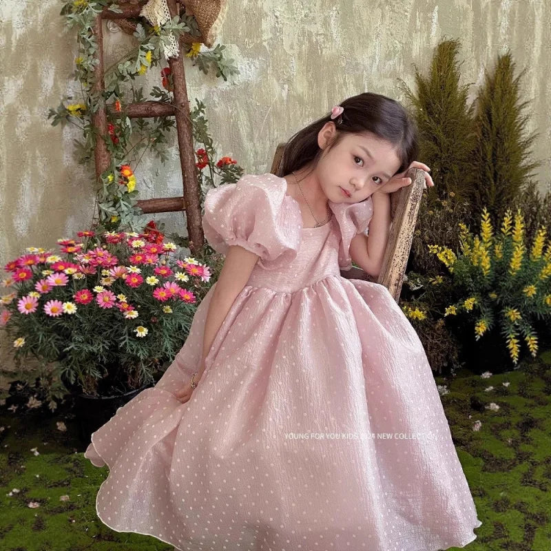 In-stock summer dress with puff sleeves for girls, princess dress for older girls, pearl gauze dress