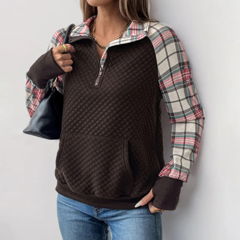 Women's Quilted Half Zip Pullover Plaid Sleeve Kangaroo Pocket Sweatshirt 2026