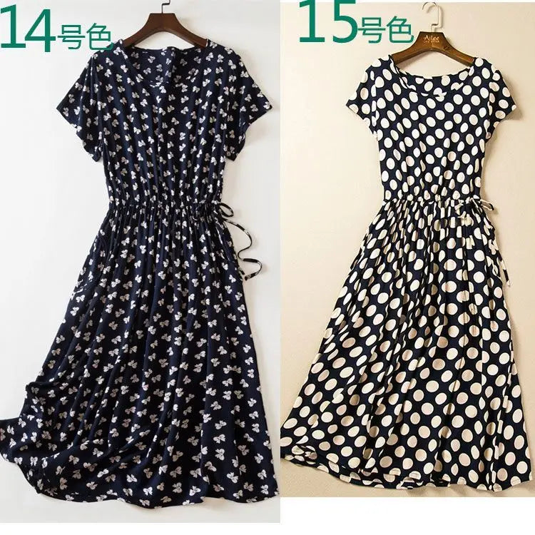 Cotton Silk Dress Women's Short Sleeved 2026 Summer New Ladies Slim Round Neck Temperament Beach Print Dresses