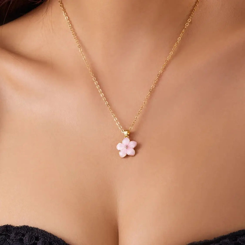 Minimalist Colorful Flower Necklace For Women'S Romantic Pink Cherry Pendant Necklace Make A Wish Paper Card Friendship Jewelry