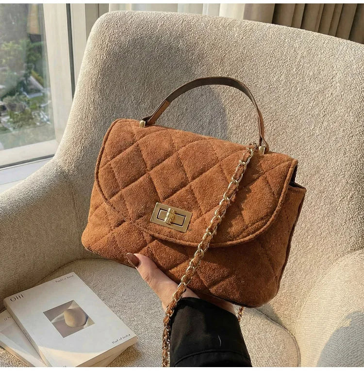 Diamond Grid Chain Crossbody Bag One Shoulder Purse Trendy Flip Top Clutch Women's Fashion Suede Leather Casual Shoulder Bag