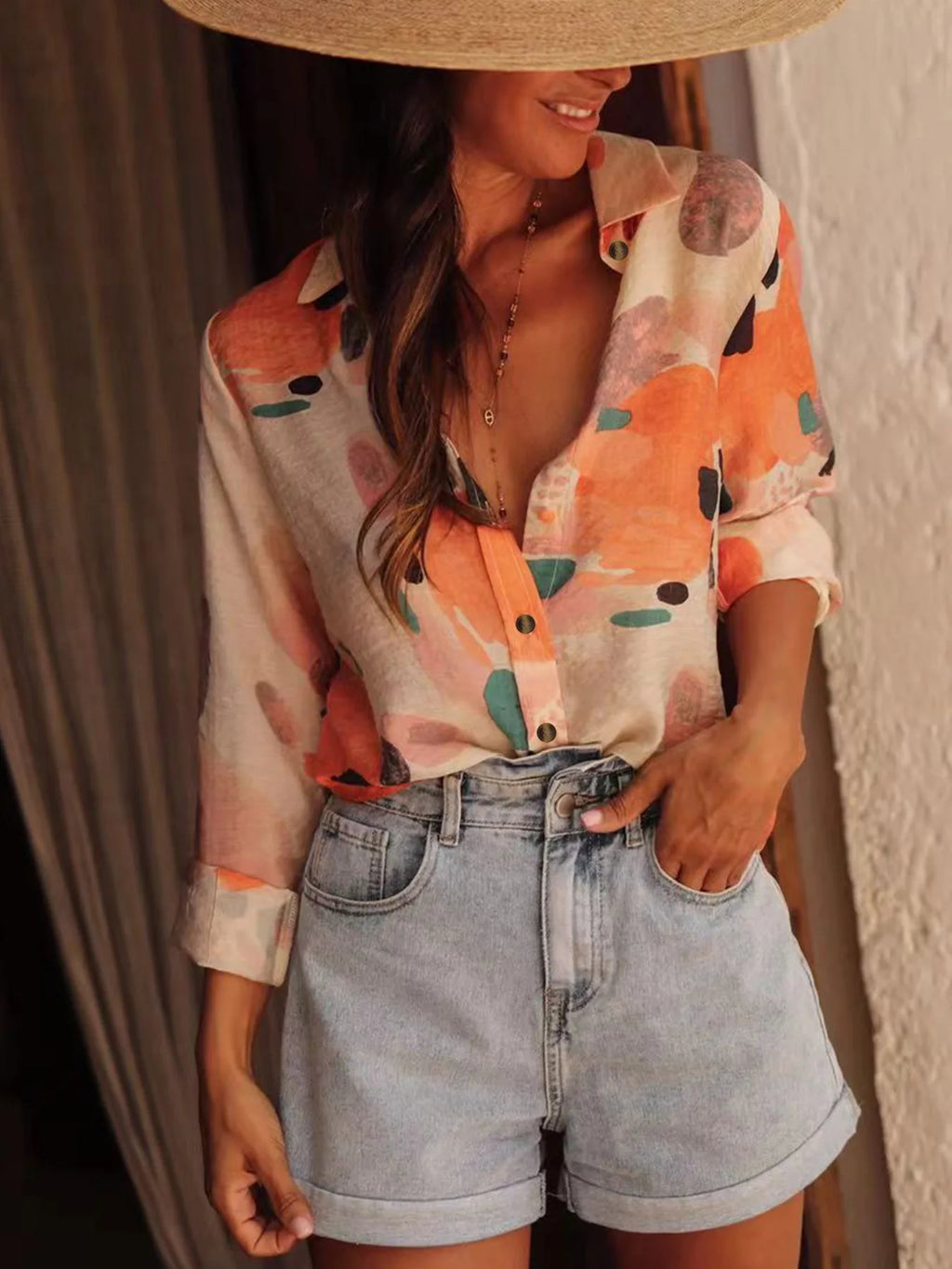 Women's Casual Printed Collar Shirt - Long Sleeve Loose Fit Top