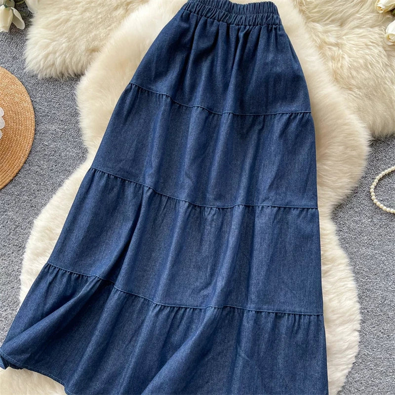 Karofi Women Cotton Tiered Denim Midi Skirt Elastic Waist Ruffle Layer A Line Flowy Long Casual Vintage Daily Beach Jean Skirt