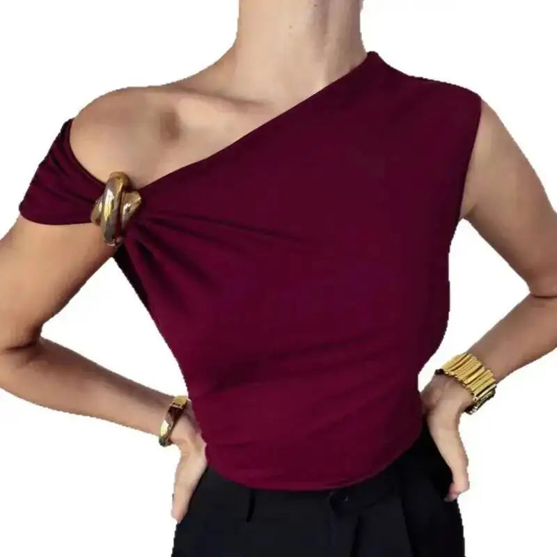 Women Solid Color Short Sleeved Top Summer Asymmetrical Slanted Collar Slimming Vest Elegant Comfortable And Breathable Vest