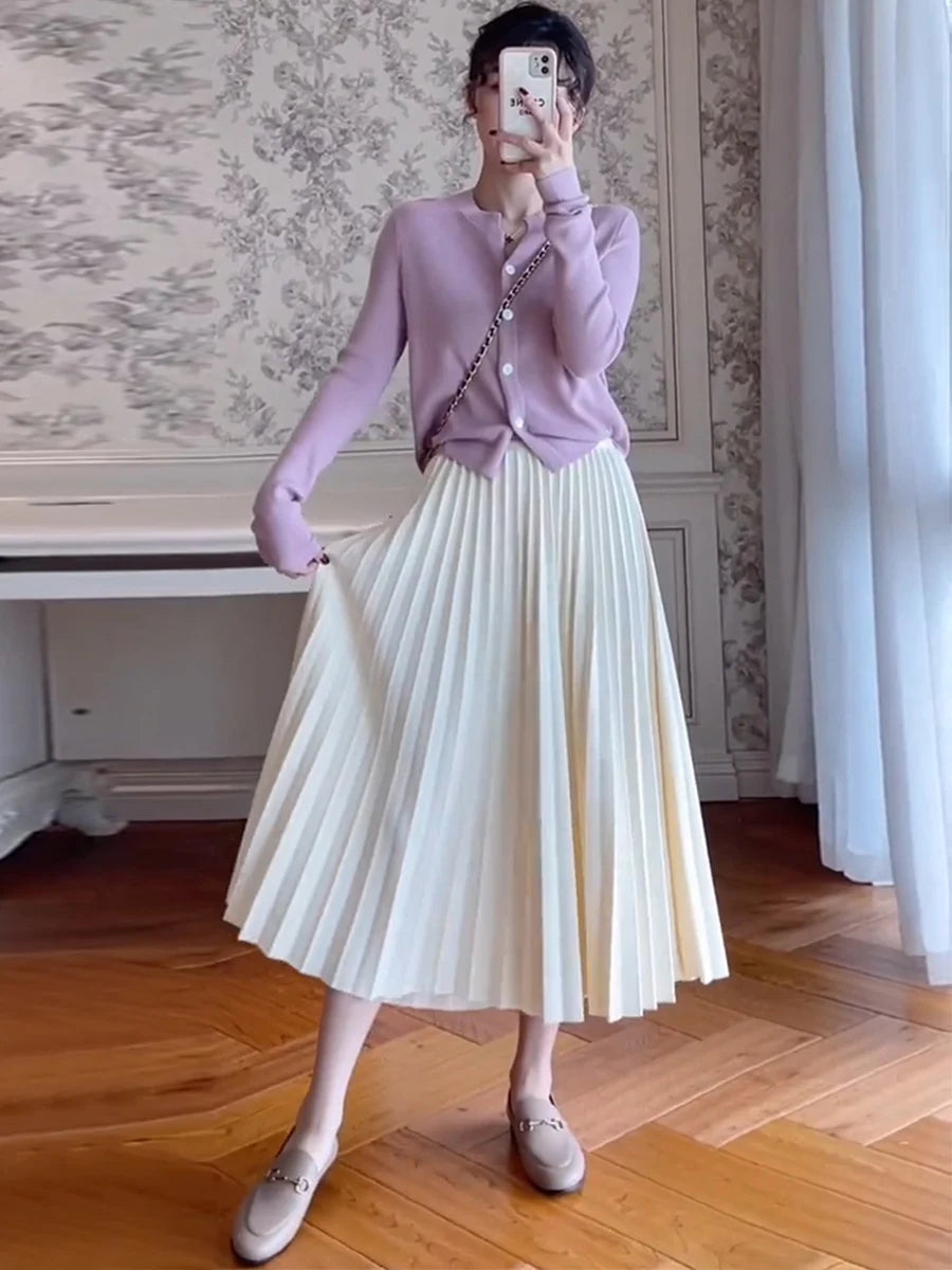 2026 Elegant High Waist Pleated Skirt for Women Mid-long Midi Skirt Female High Quality Black Saia