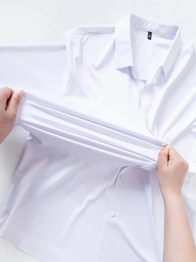 New Design Men'S Solid Shirt Long Sleeve Autumn High Elasticity Casual Wrinkle Free No Ironing Business Formal White Blue Social